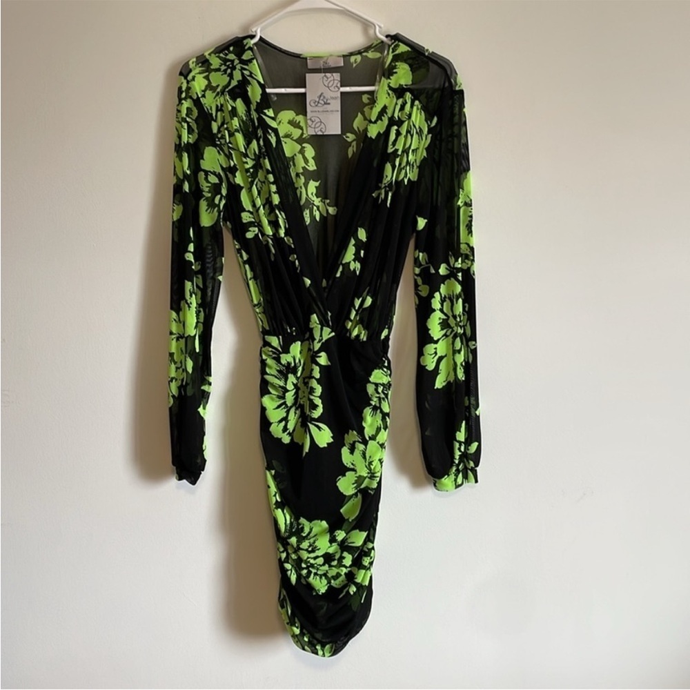 NWT Semi Sheer Floral Dress Large Bodycon Black Long Sleeve Midi Green A3